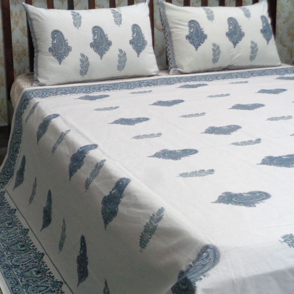 Cotton Block Printed Queen Size Bedspread Paisley Patti Jade Blue 101285