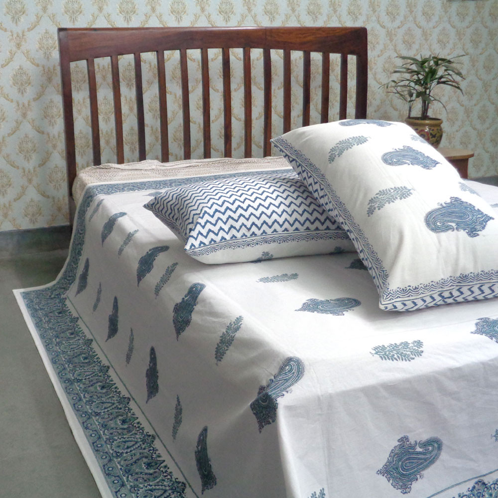 Cotton Block Printed Queen Size Bedspread  Paisley Patti Jade Blue 101285