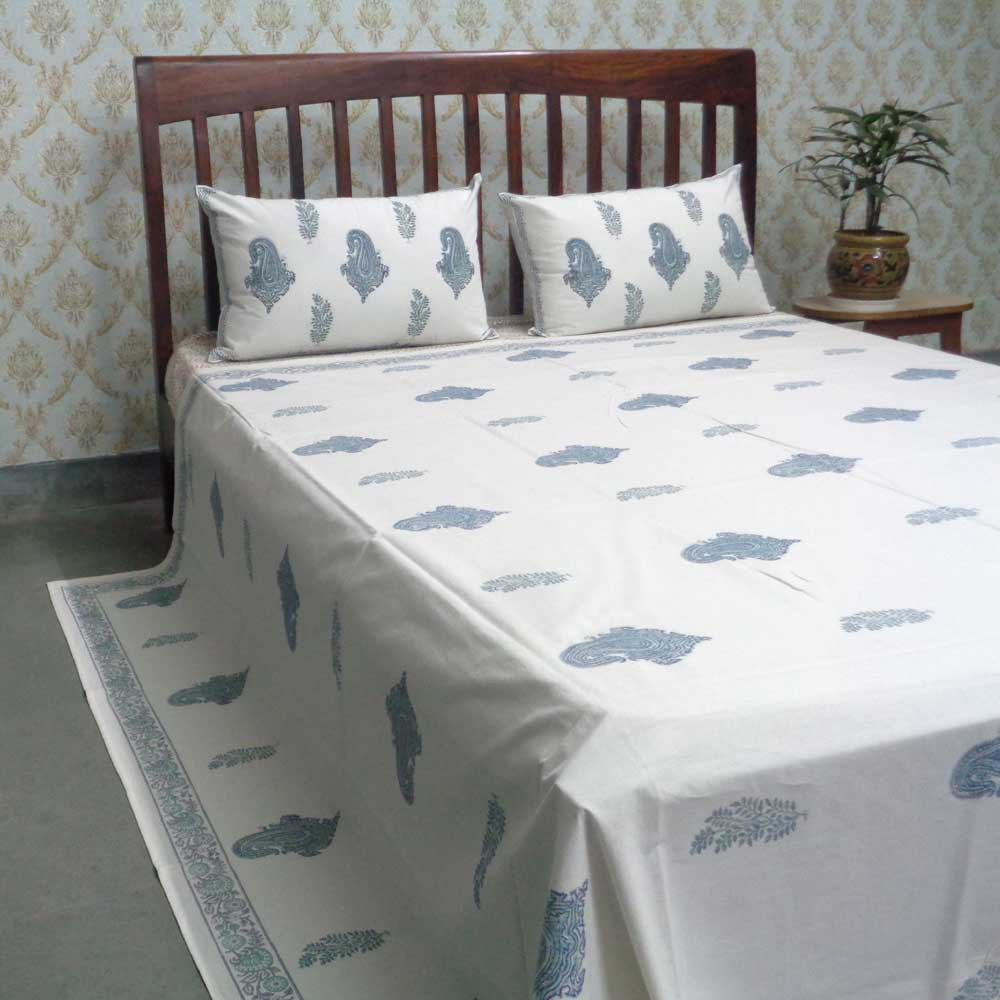 Cotton Block Printed Queen Size Bedspread  Paisley Patti Jade Grey 101202