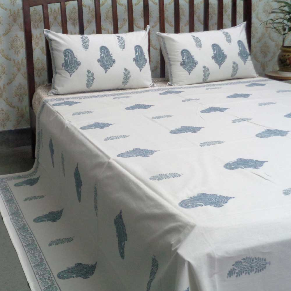 Cotton Block Printed Queen Size Bedspread Paisley Patti Jade Grey 101202