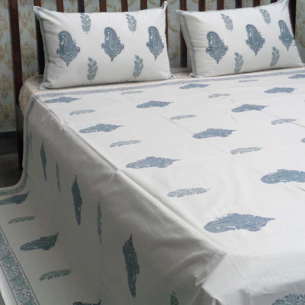 Cotton Block Printed Queen Size Bedspread Paisley Patti Jade Grey 101202