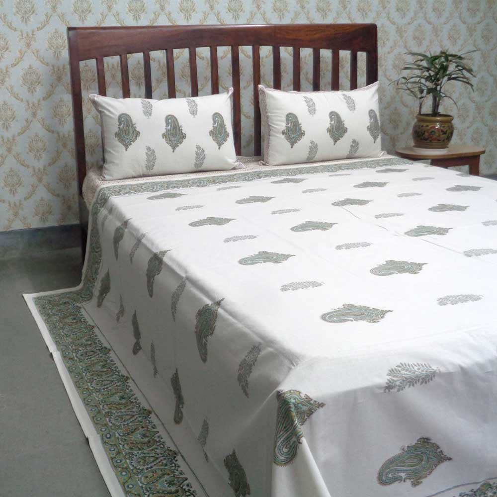 Cotton Block Printed Queen Size Bedspread Paisley Patti Olive 101208