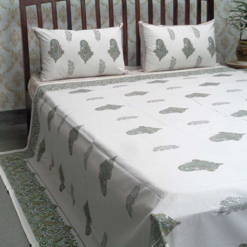 Cotton Block Printed Queen Size Bedspread Paisley Patti Olive 101208