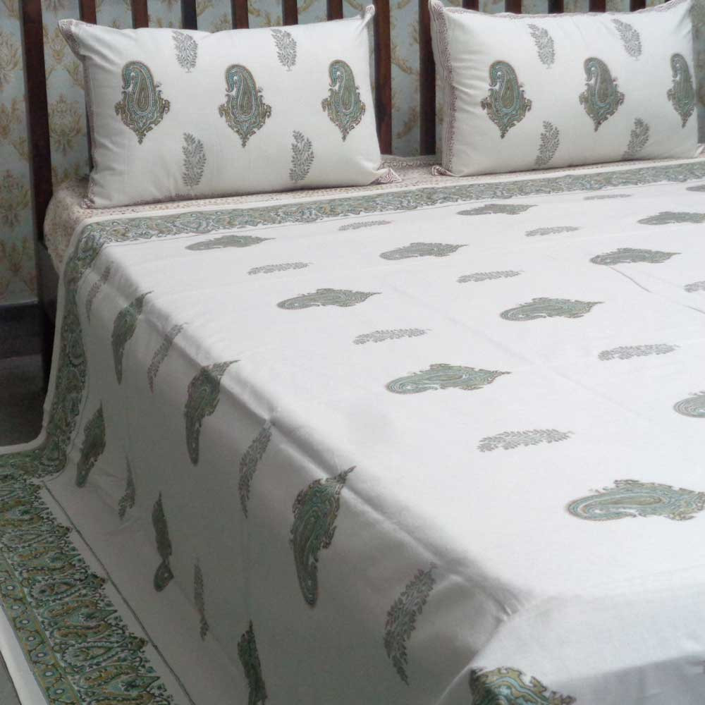 Cotton Block Printed Queen Size Bedspread  Paisley Patti Olive 101208