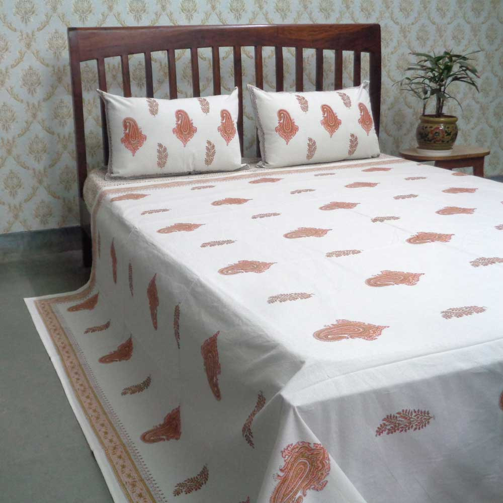 Cotton Block Printed Queen Size Bedspread Paisley Patti Pink 101214