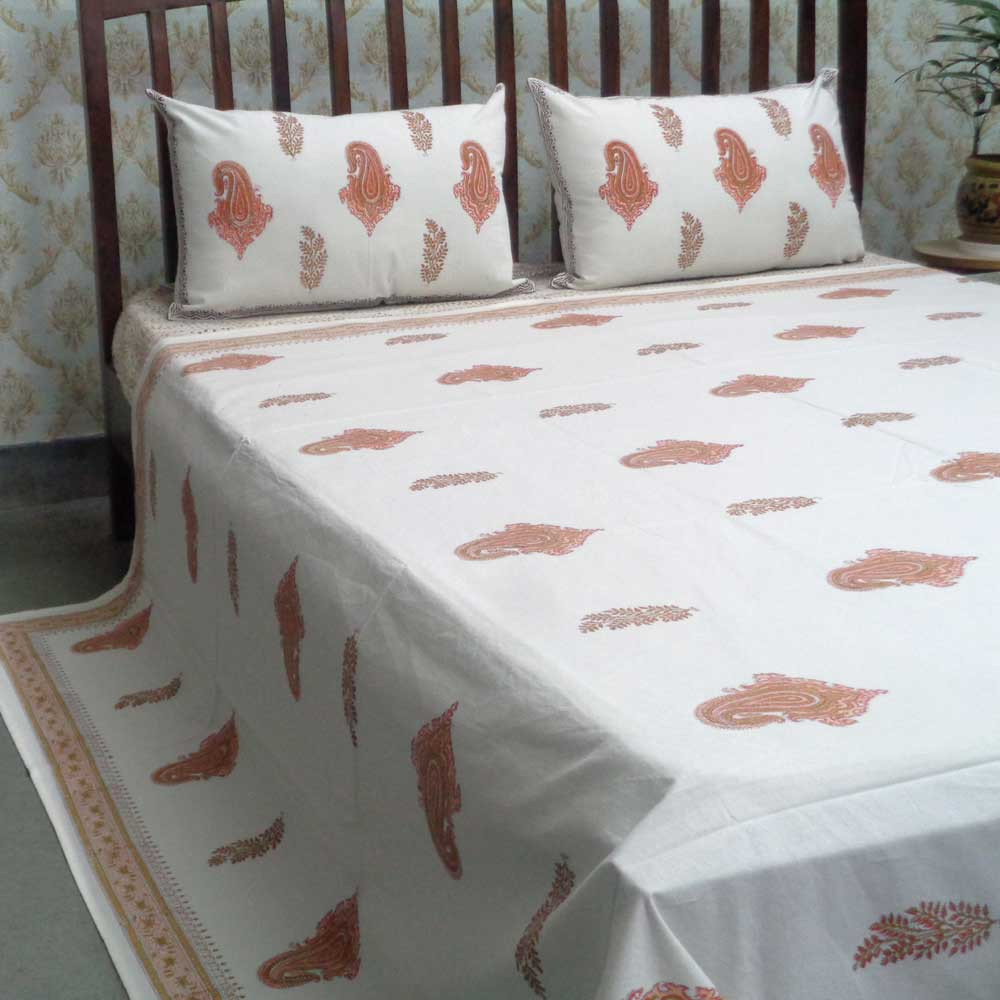 Cotton Block Printed Queen Size Bedspread Paisley Patti Pink 101214