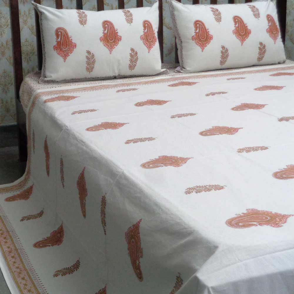 Cotton Block Printed Queen Size Bedspread  Paisley Patti Pink 101214