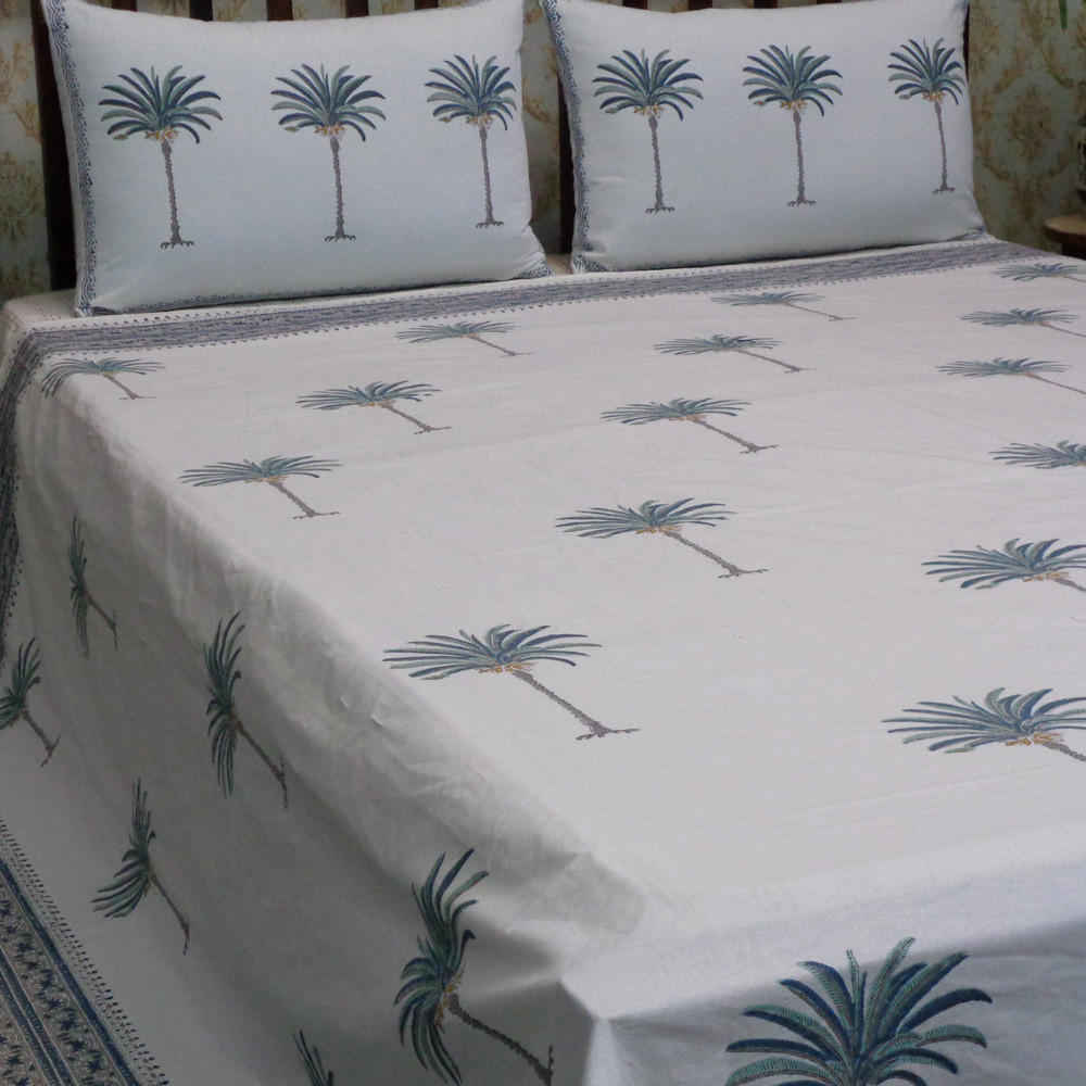 Cotton Block Printed Queen Size Bedspread  Palm Tree Blue 102709
