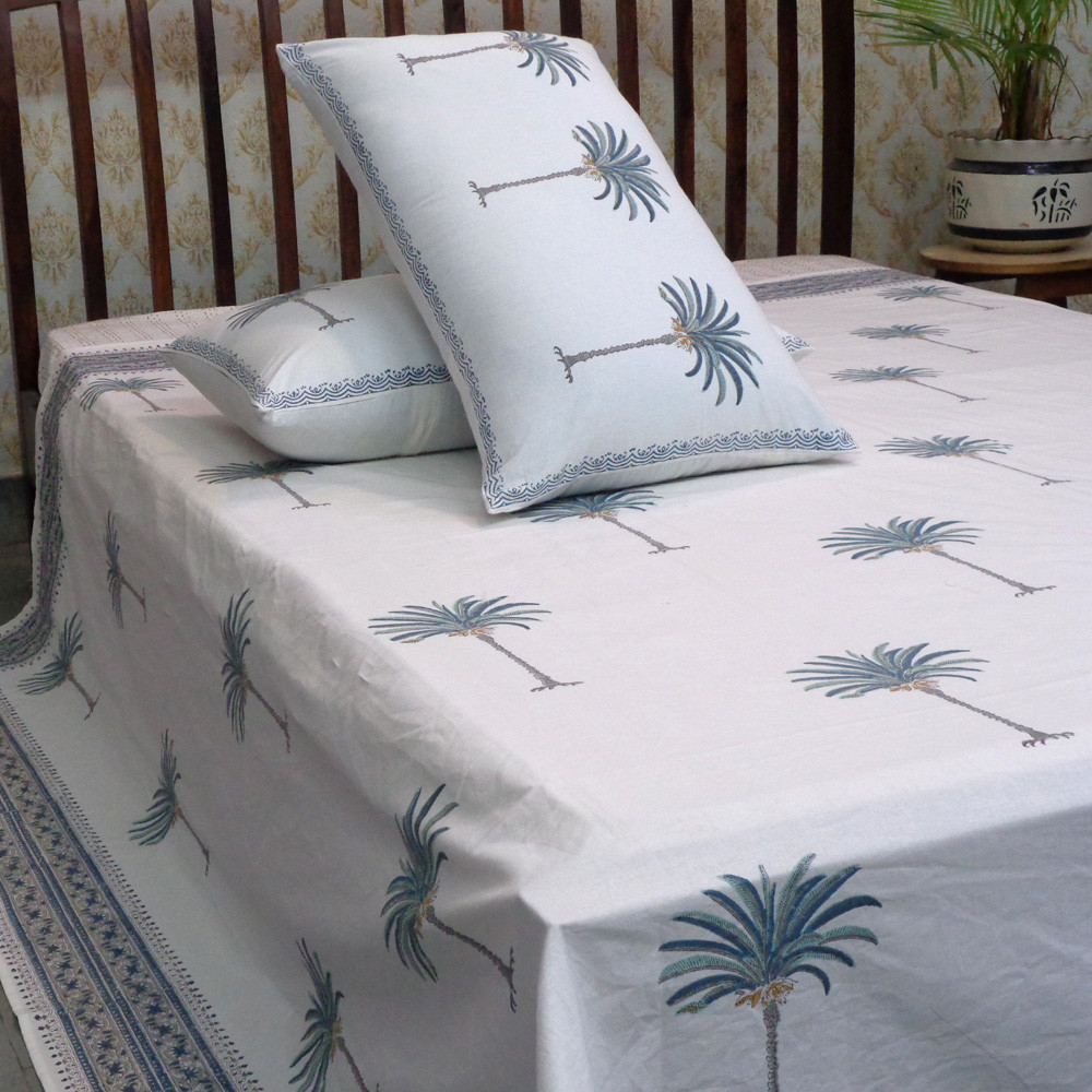 Cotton Block Printed Queen Size Bedspread  Palm Tree Blue 102709