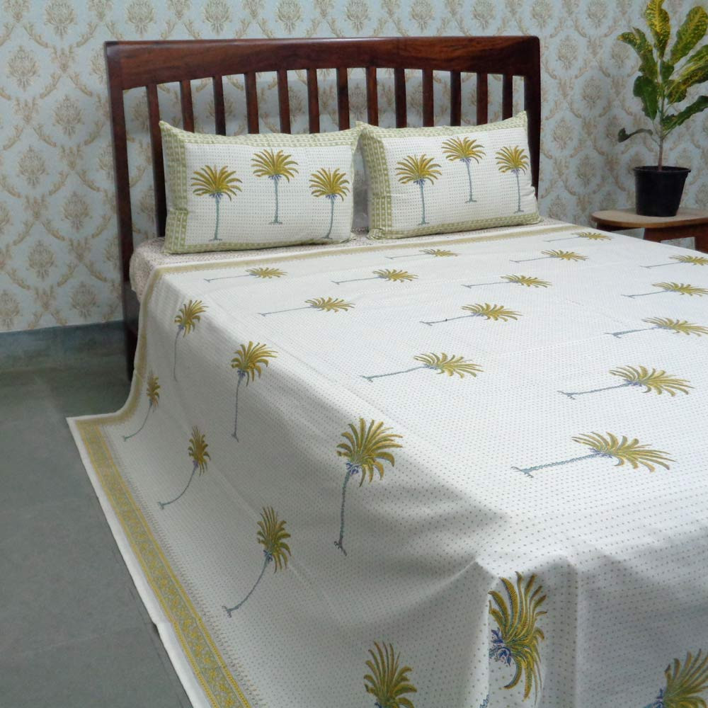 Cotton Block Printed Queen Size Bedspread Palm Tree Lime 108332