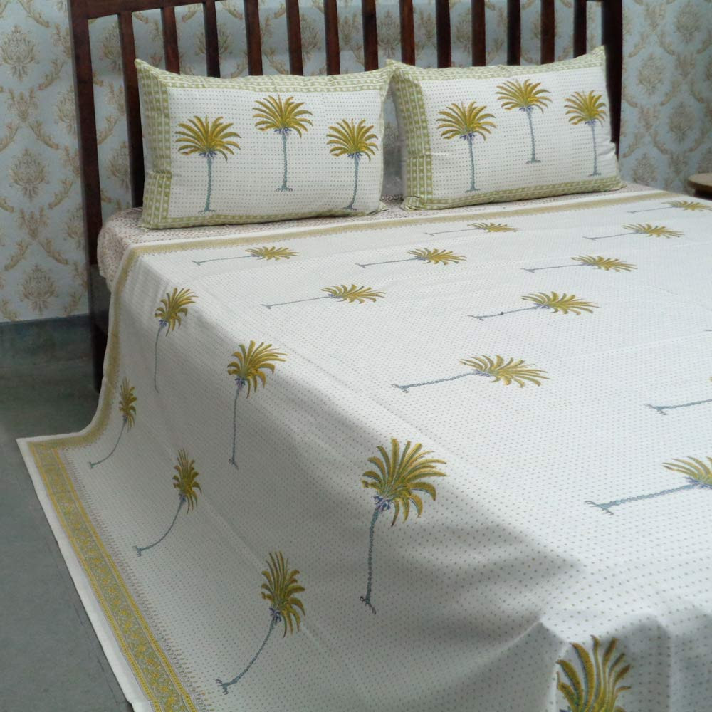 Cotton Block Printed Queen Size Bedspread  Palm Tree Lime 108332