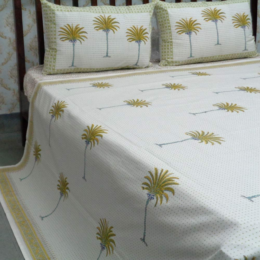 Cotton Block Printed Queen Size Bedspread  Palm Tree Lime 108332