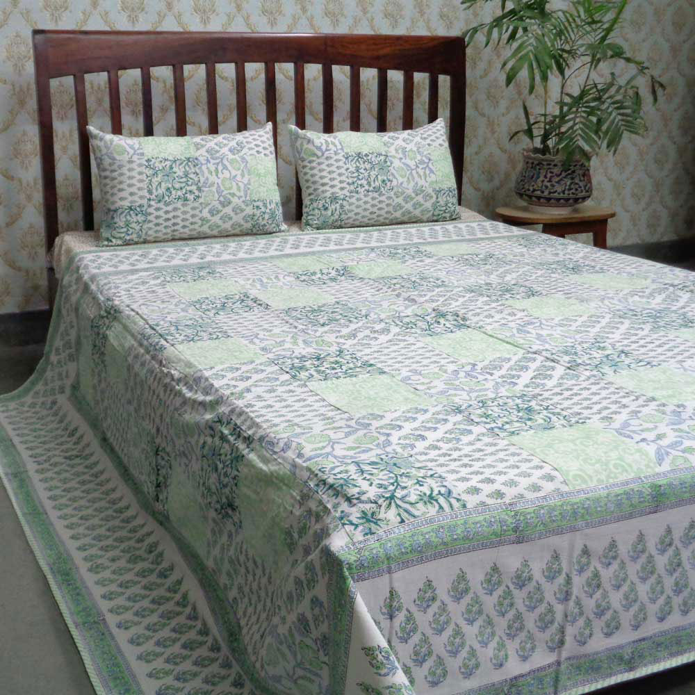 Cotton Block Printed Queen Size Bedspread Patchwork 102564