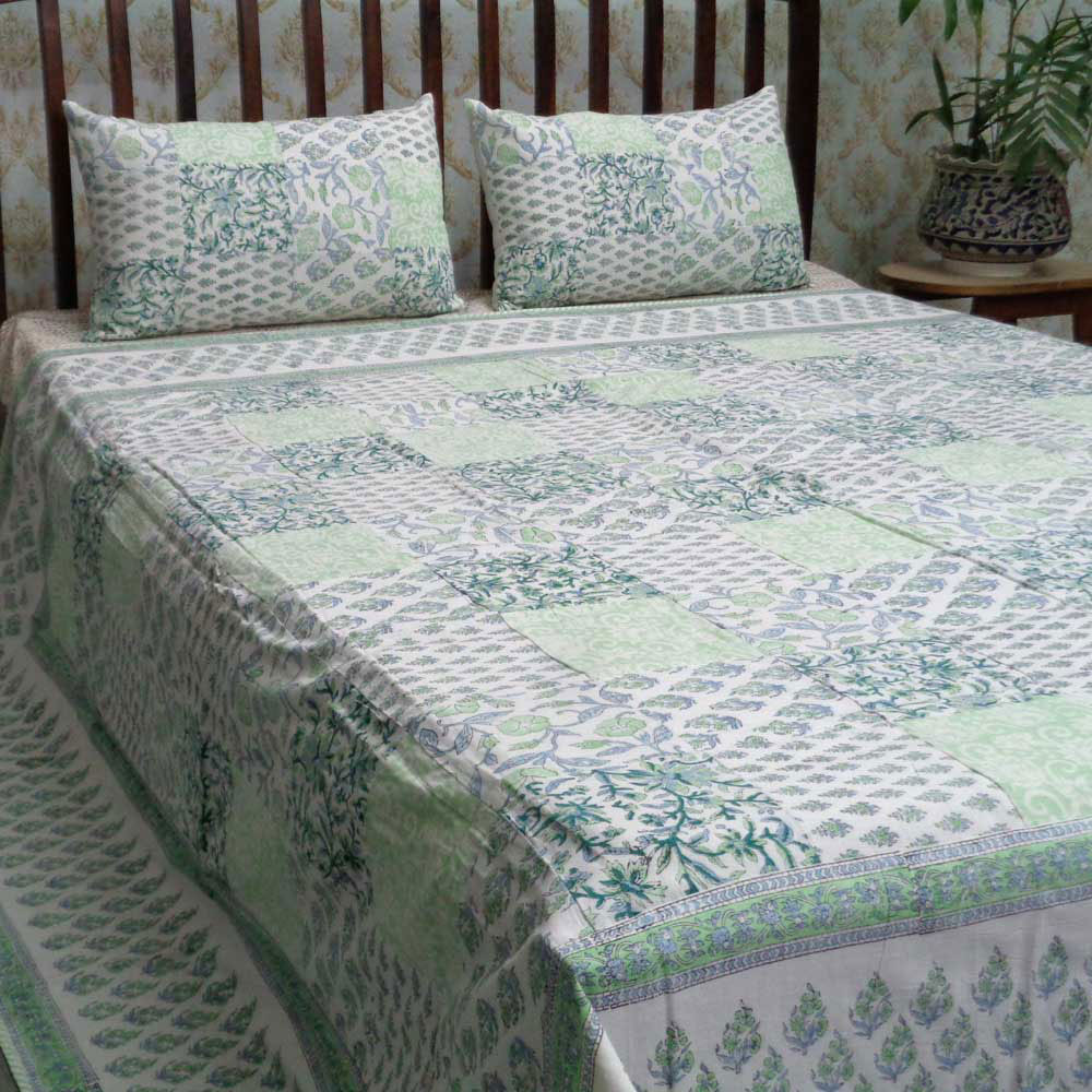 Cotton Block Printed Queen Size Bedspread Patchwork 102564