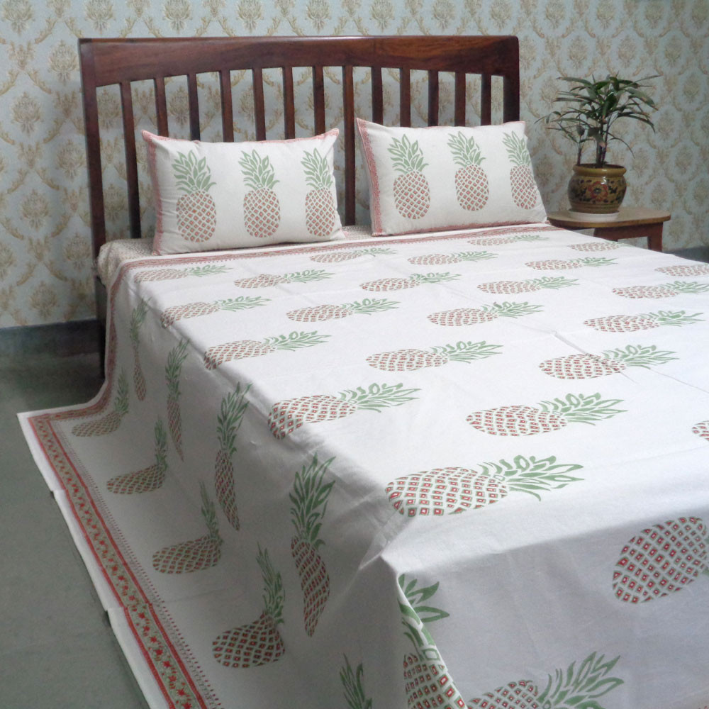 Cotton Block Printed Queen Size Bedspread Pineapple Pink 101378