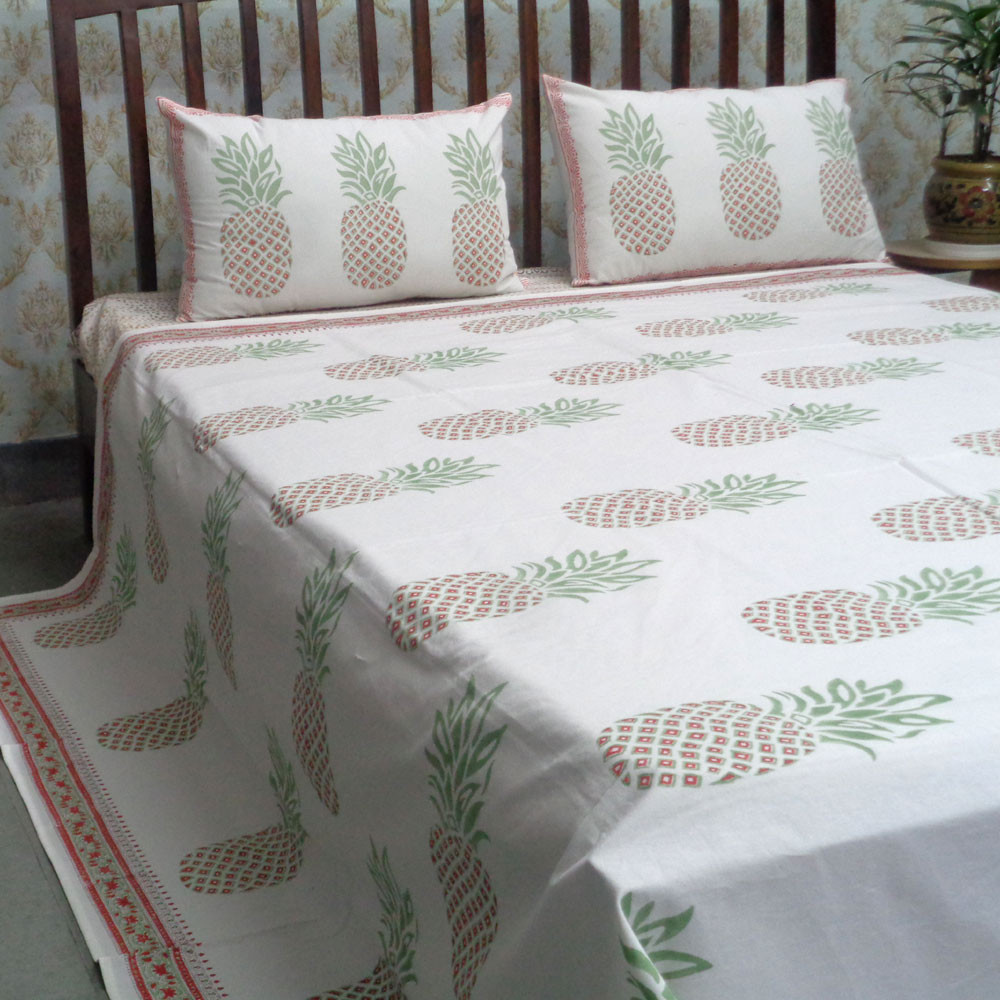 Cotton Block Printed Queen Size Bedspread Pineapple Pink 101378