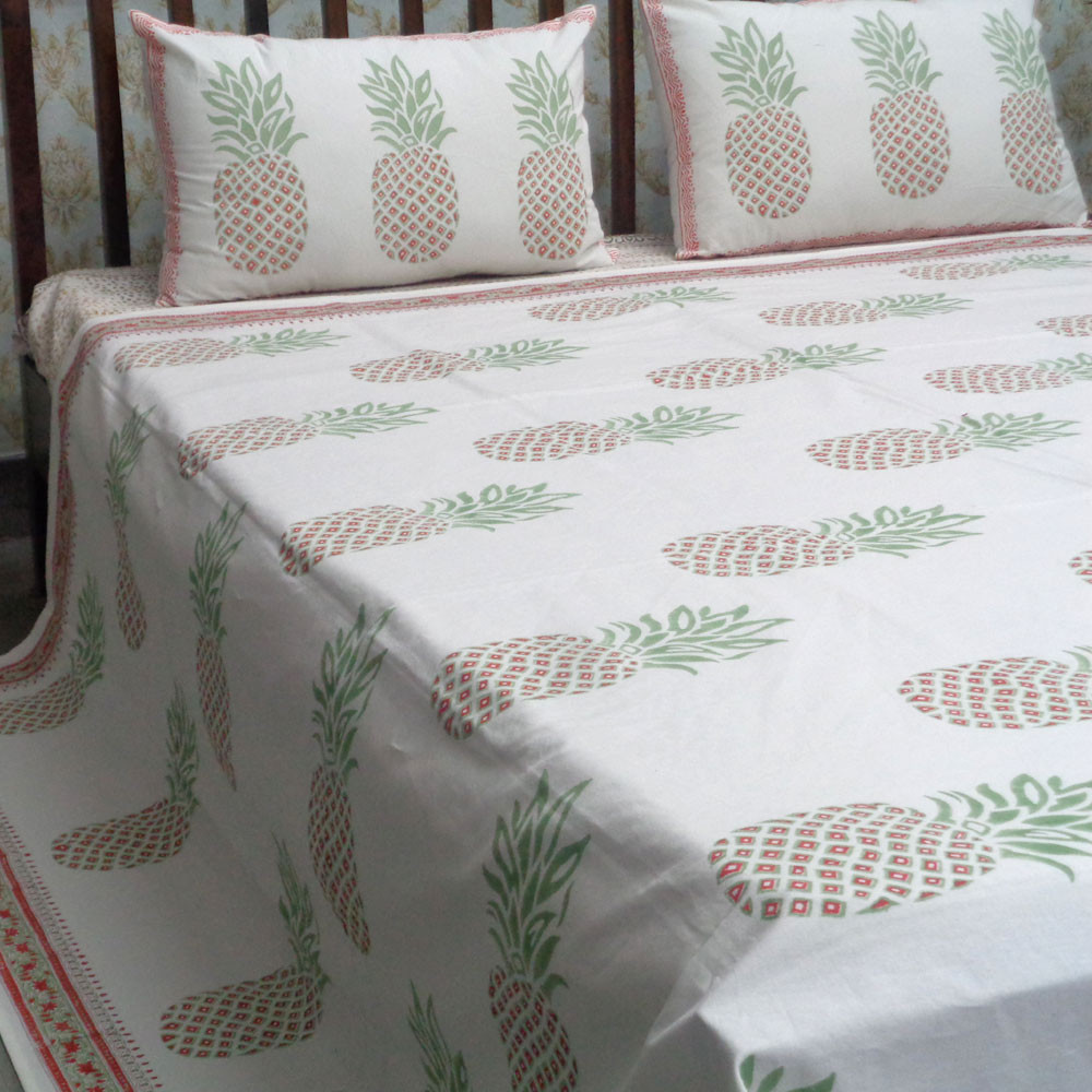 Cotton Block Printed Queen Size Bedspread Pineapple Pink 101378