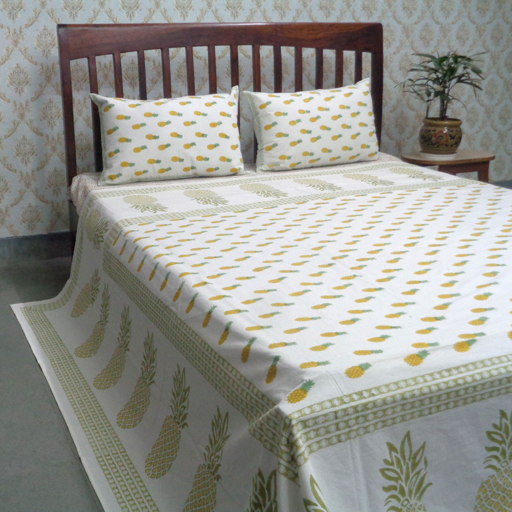 Cotton Block Printed Queen Size Bedspread  Small Pineapple Lime 101356
