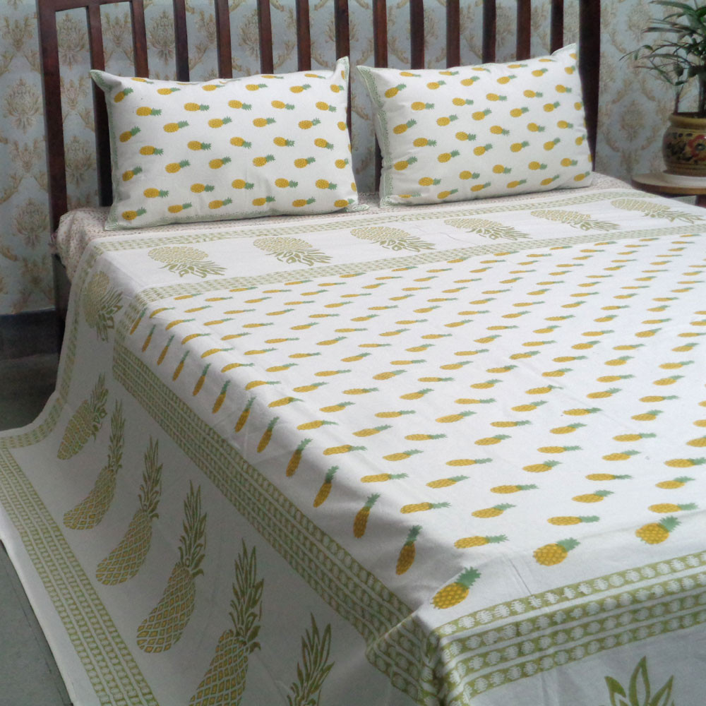 Cotton Block Printed Queen Size Bedspread Small Pineapple Lime 101356
