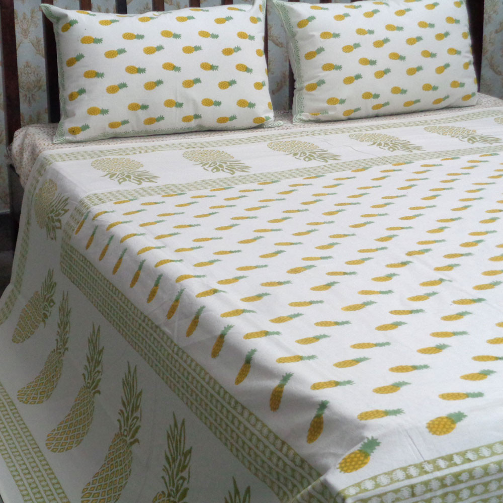 Cotton Block Printed Queen Size Bedspread Small Pineapple Lime 101356