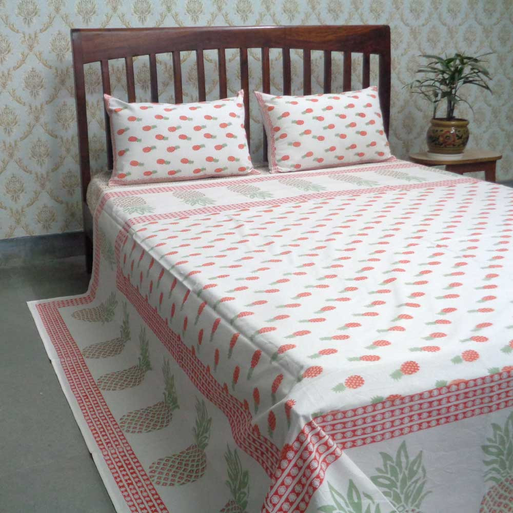 Cotton Block Printed Queen Size Bedspread  Small Pineapple Pink 101226