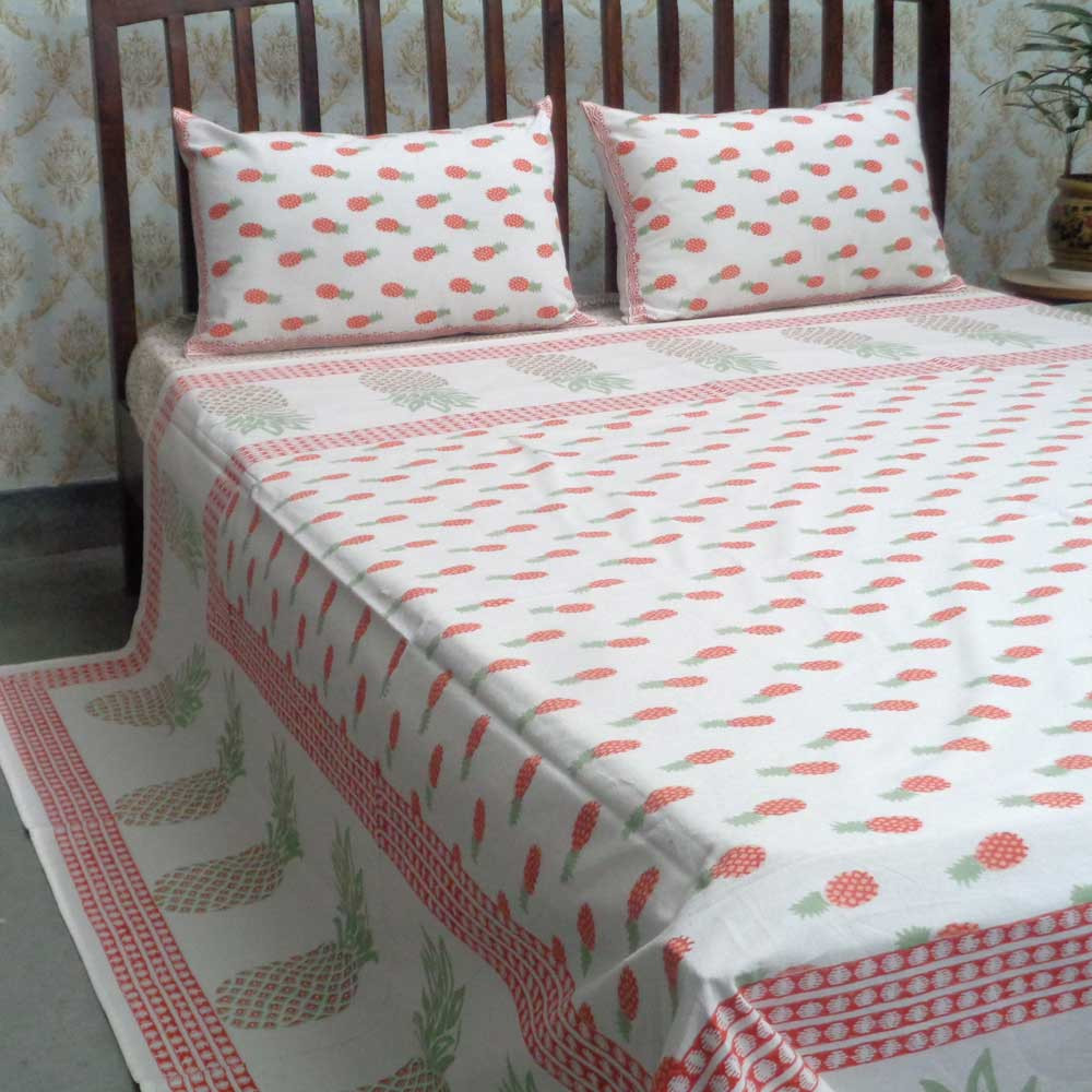 Cotton Block Printed Queen Size Bedspread Small Pineapple Pink 101226