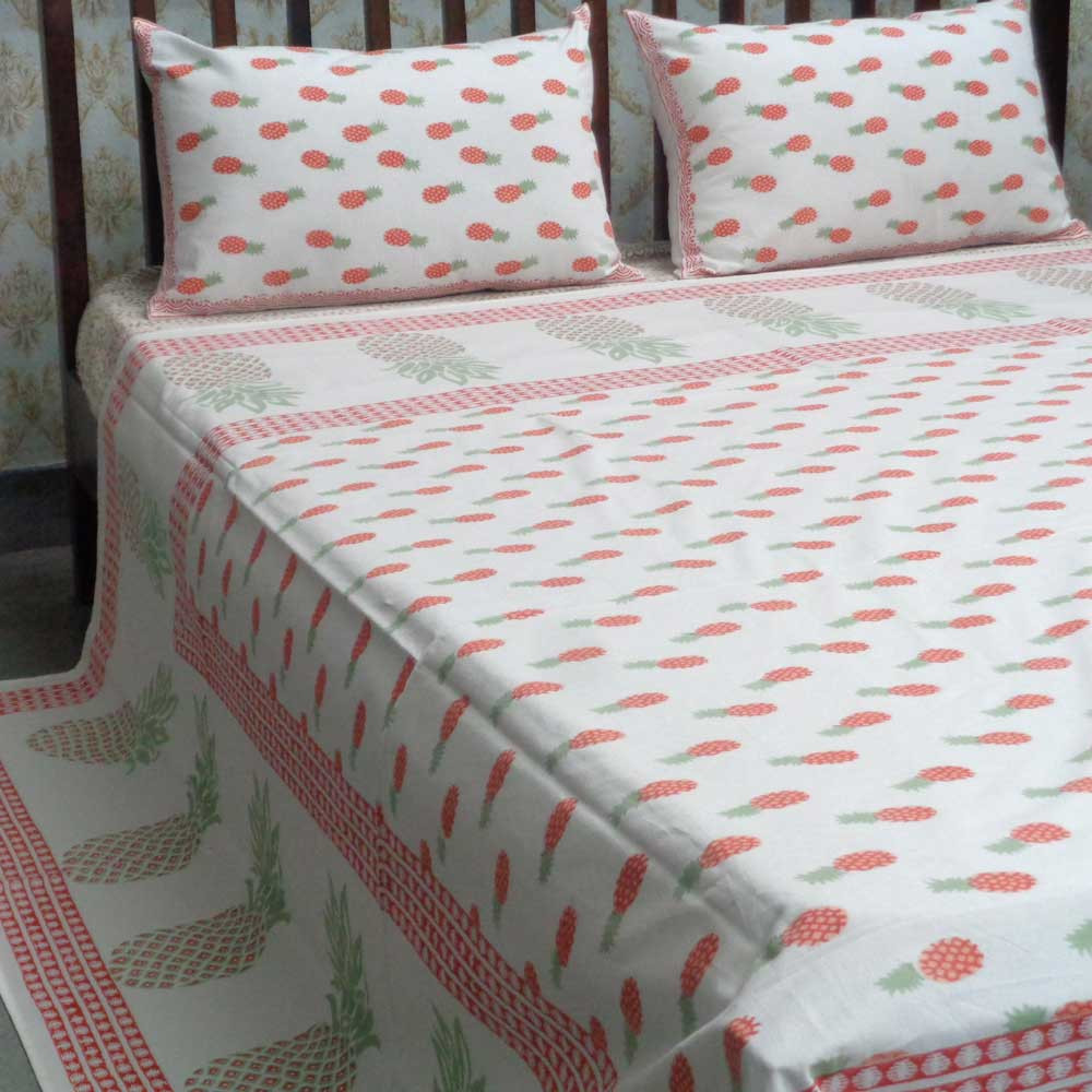 Cotton Block Printed Queen Size Bedspread  Small Pineapple Pink 101226