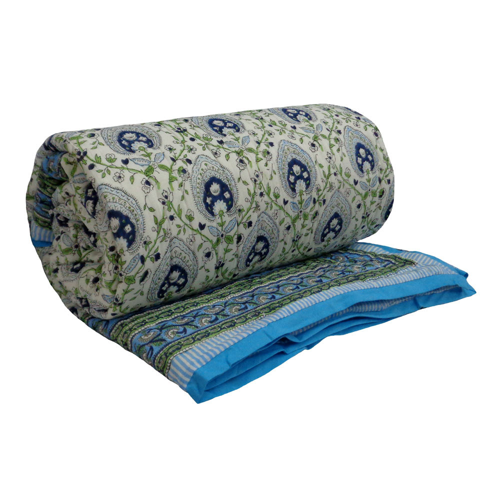 Cotton Quilt King Size  Pan Leaf Blue 309622