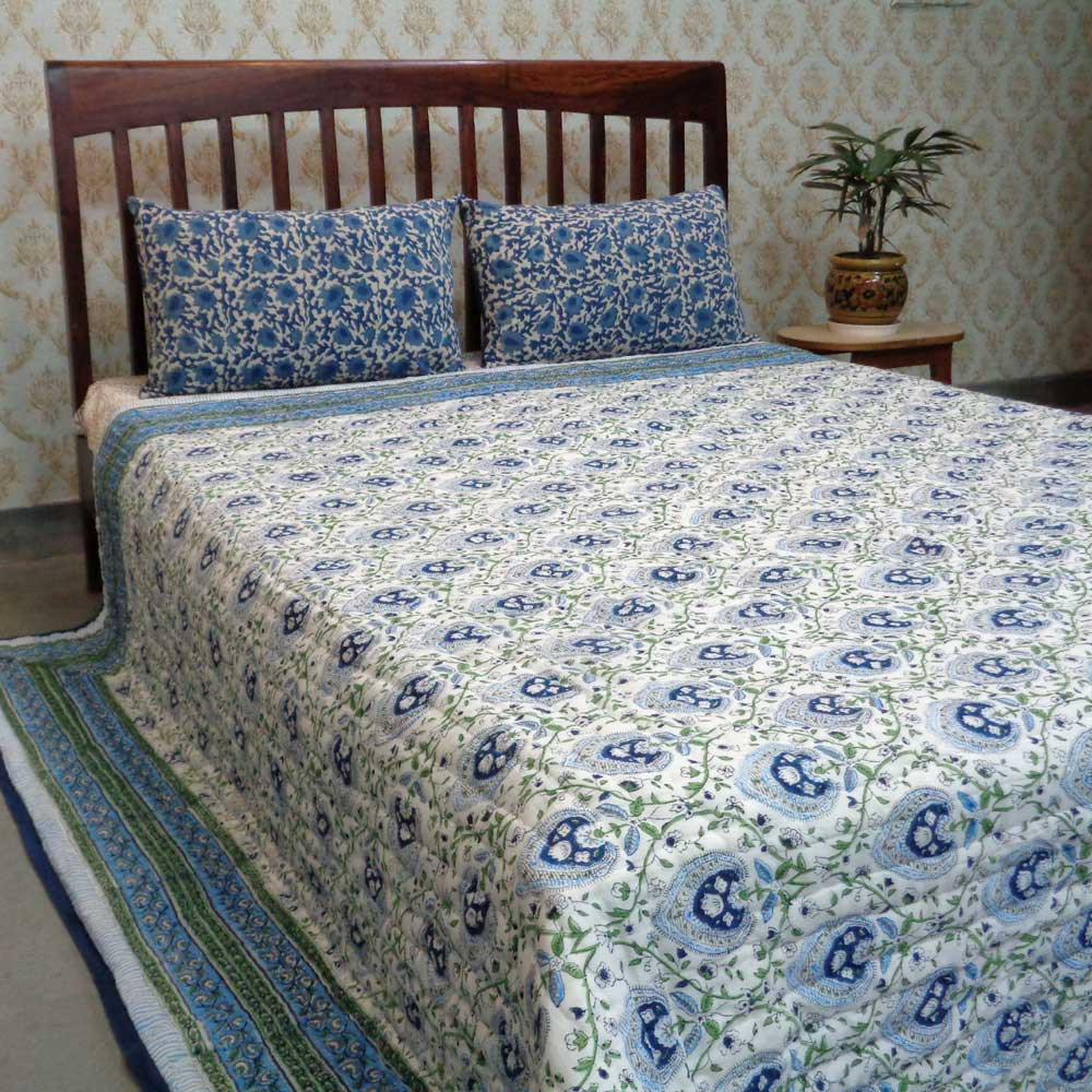 Cotton Quilt King Size Pan Leaf Blue 309622