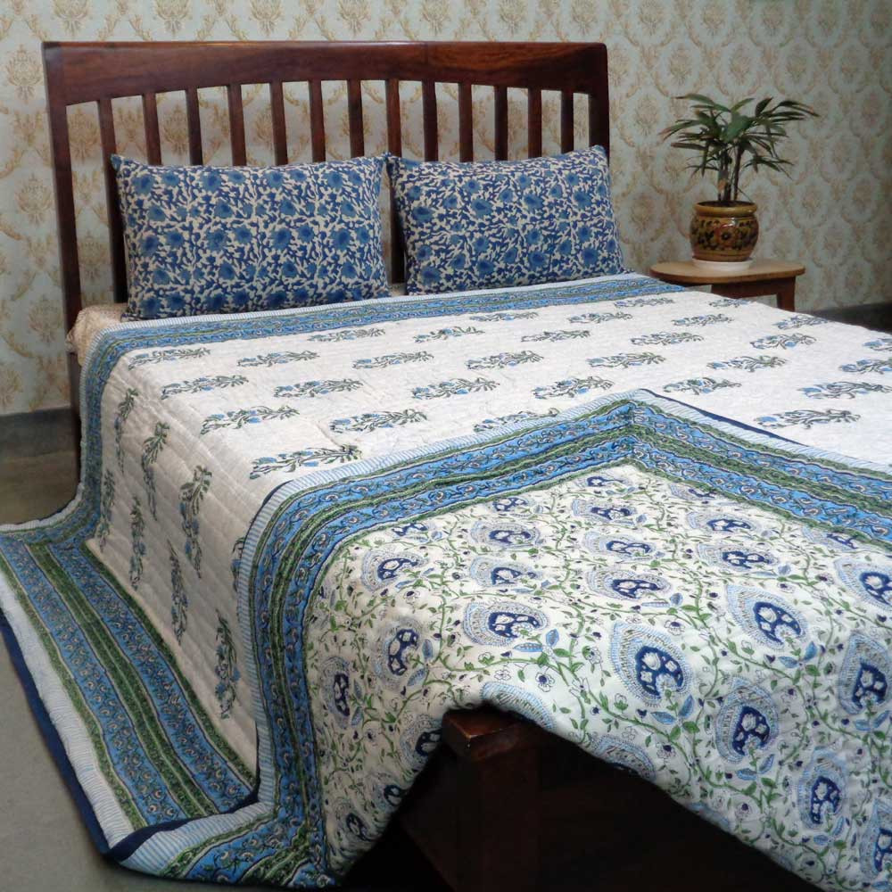 Cotton Quilt King Size Pan Leaf Blue 309622