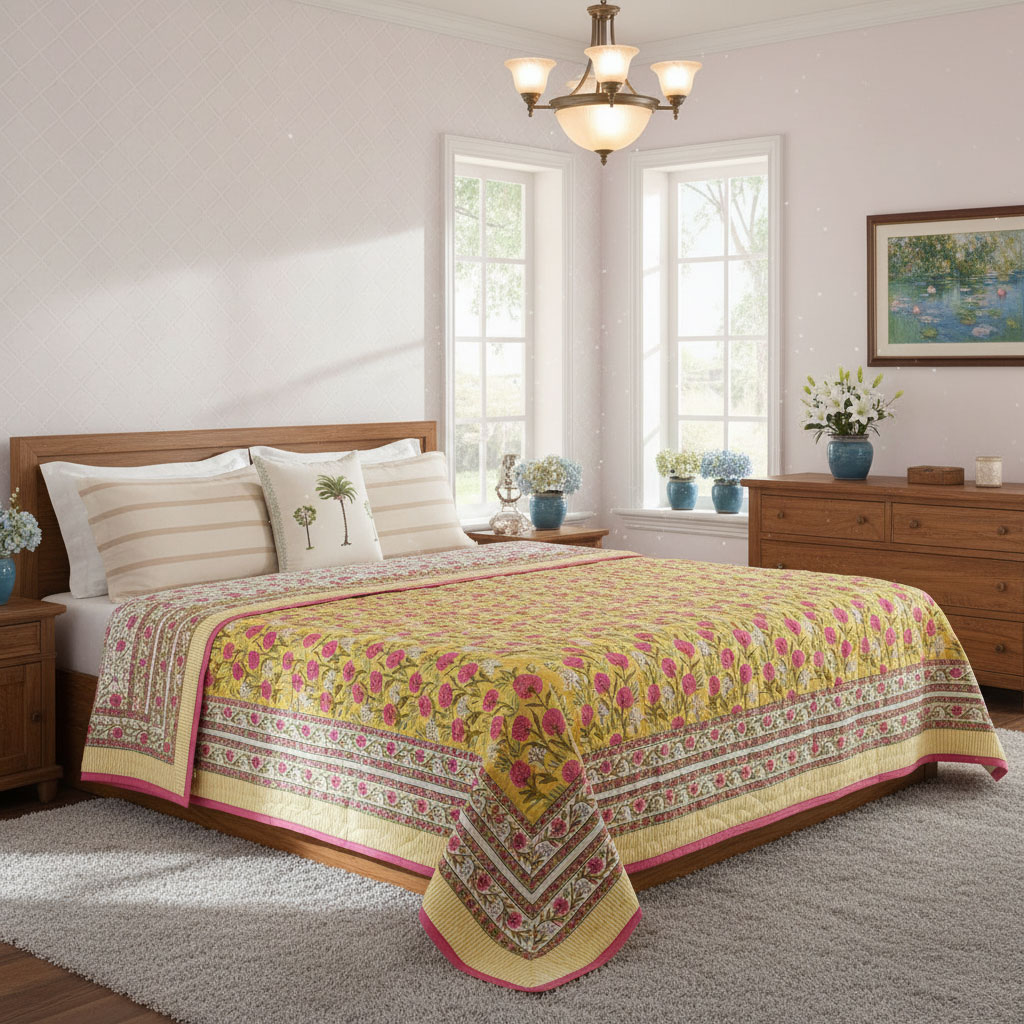 Hand Block Printed Cotton King Size Quilt Desert Blossom Pink 206293