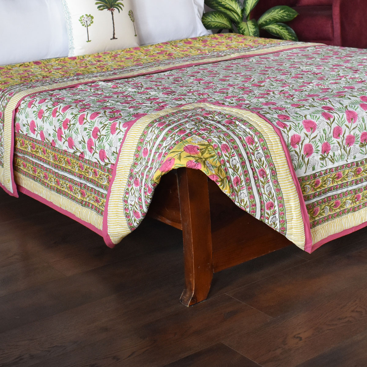 Hand Block Printed Cotton King Size Quilt  Desert Blossom Pink 206293