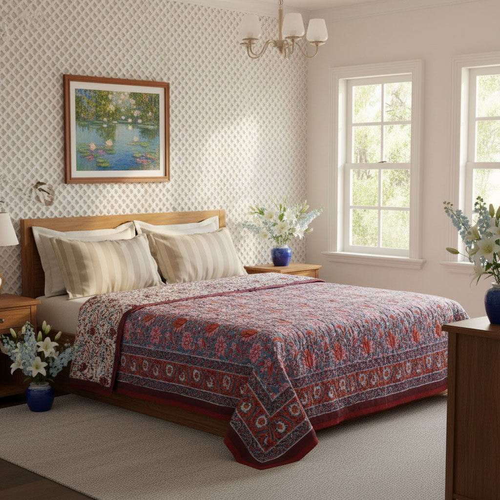 Hand Block Printed Cotton Queen Size Quilt Firdaus Gud 204865