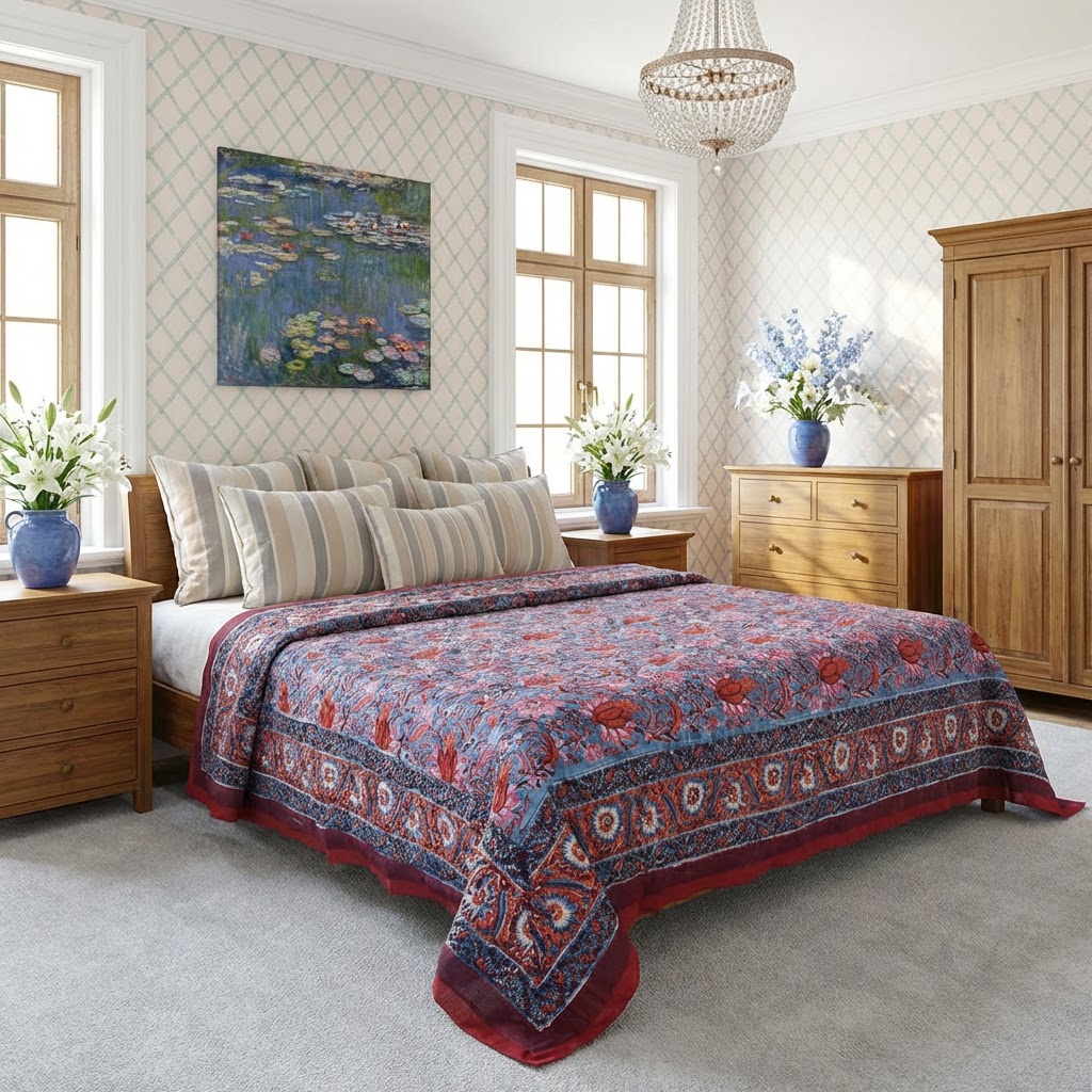 Hand Block Printed Cotton Twin Size Quilt Firdaus Gud 204865 Sort Order 901