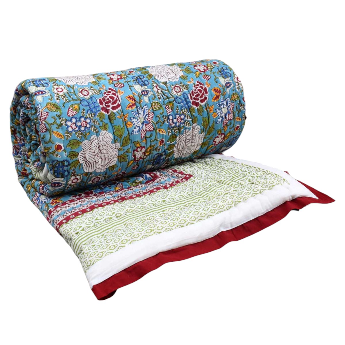 Hand Block Printed Cotton Queen Size Quilt Floral Canvas Blue Jade Gud 206865