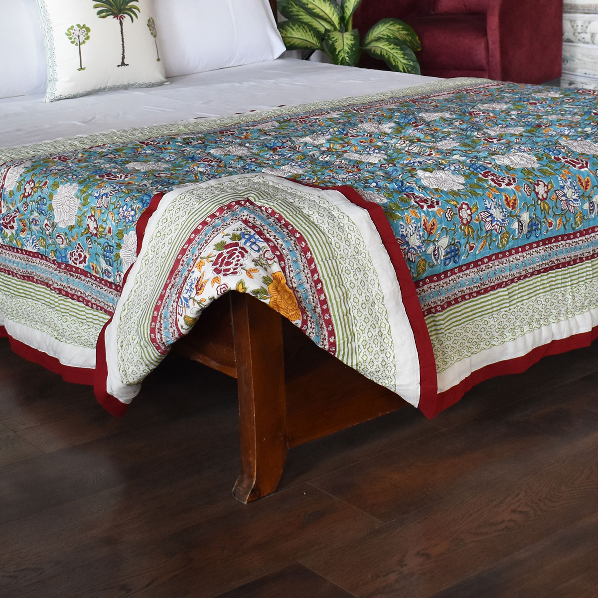 Hand Block Printed Cotton Twin Size Quilt  Floral Canvas Blue Jade Gud Red 206865