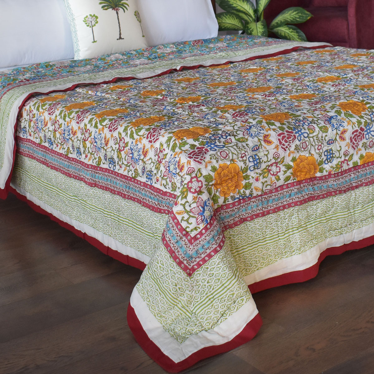 Hand Block Printed Cotton Queen Size Quilt Floral Canvas Blue Jade Gud 206865