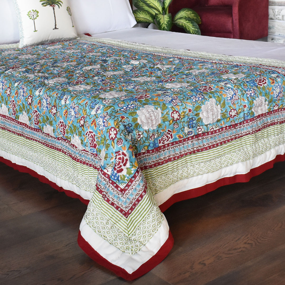 Hand Block Printed Cotton Twin Size Quilt Floral Canvas Blue Jade Gud Red 206865