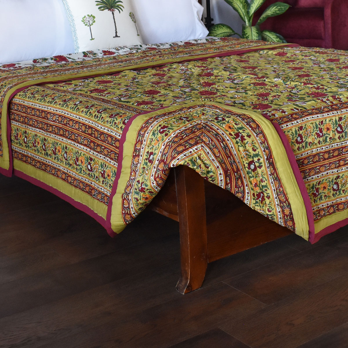 Hand Block Printed Cotton King Size Quilt Flower Blossom Canary 104164