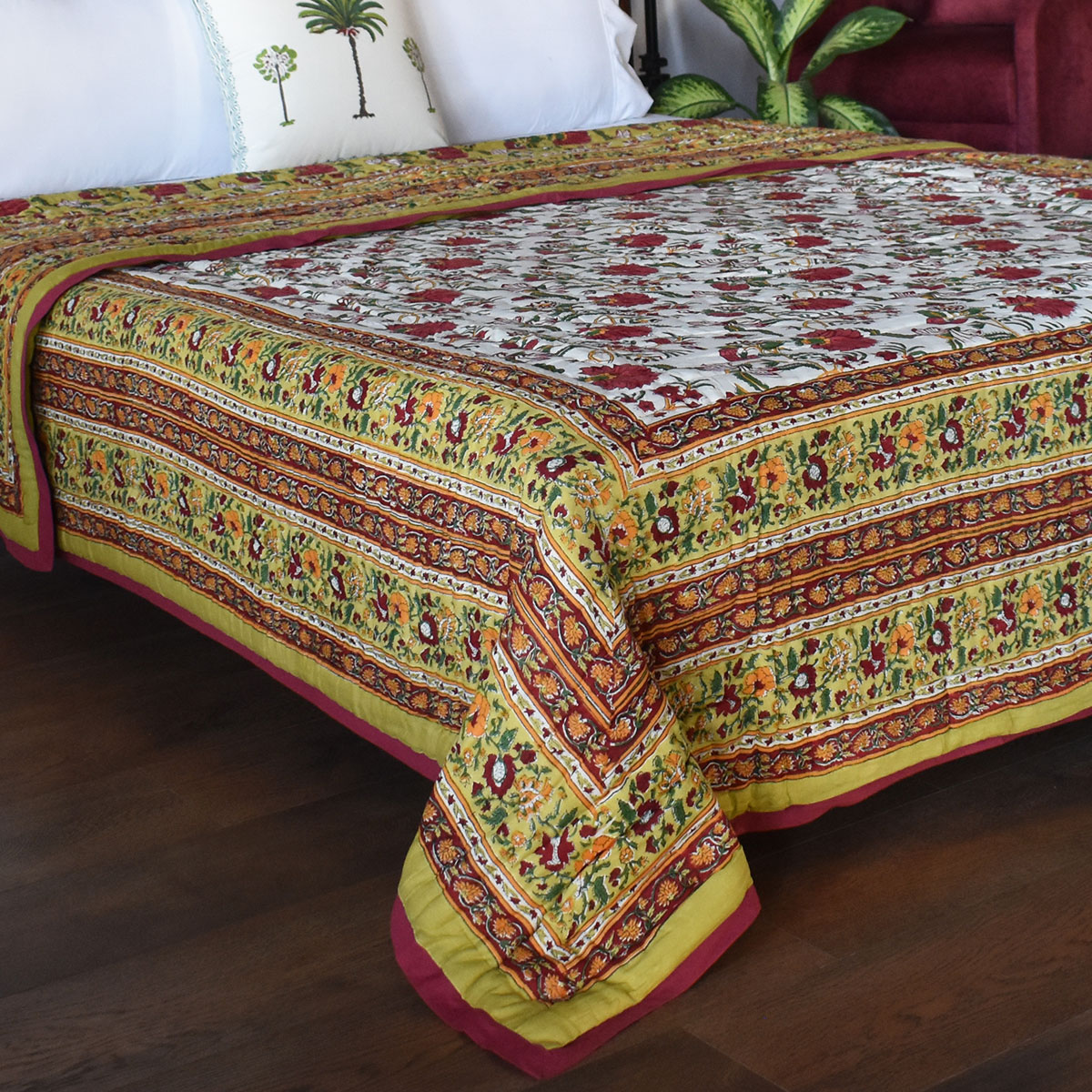 Hand Block Printed Cotton King Size Quilt  Flower Blossom Canary 104164