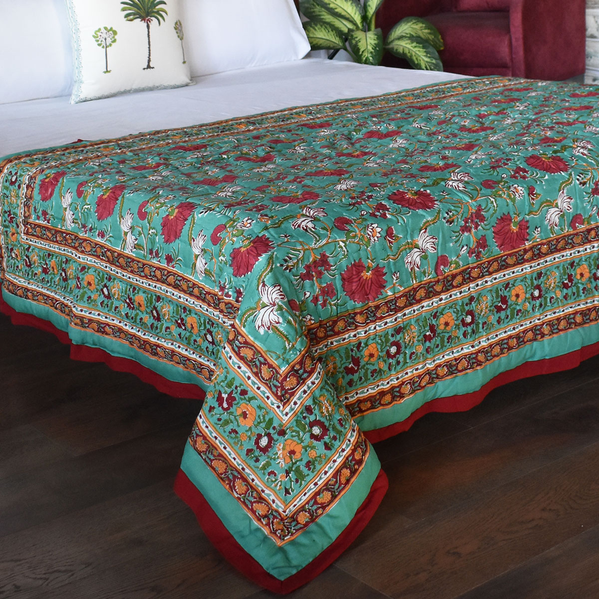 Handmade Block Printed Cotton Twin Size Quilt Flower Blossom Jade 108453