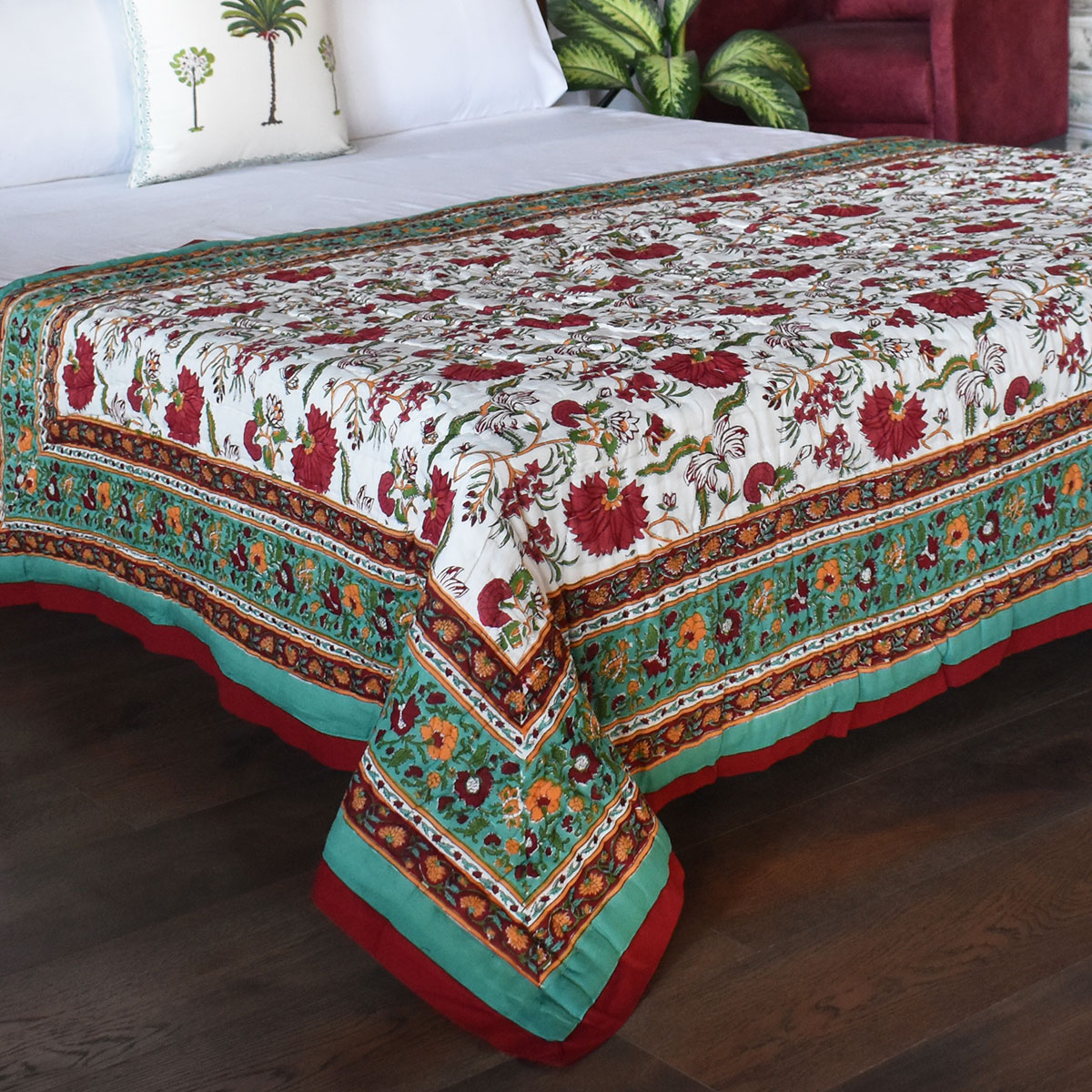 Handmade Block Printed Cotton Twin Size Quilt Flower Blossom Jade 108453