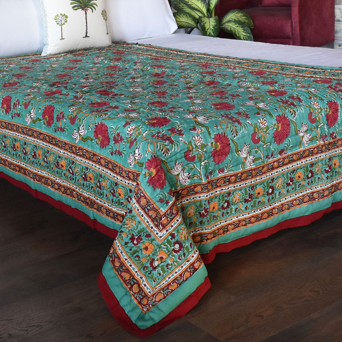 Handmade Block Printed Cotton Twin Size Quilt Flower Blossom Jade 108453