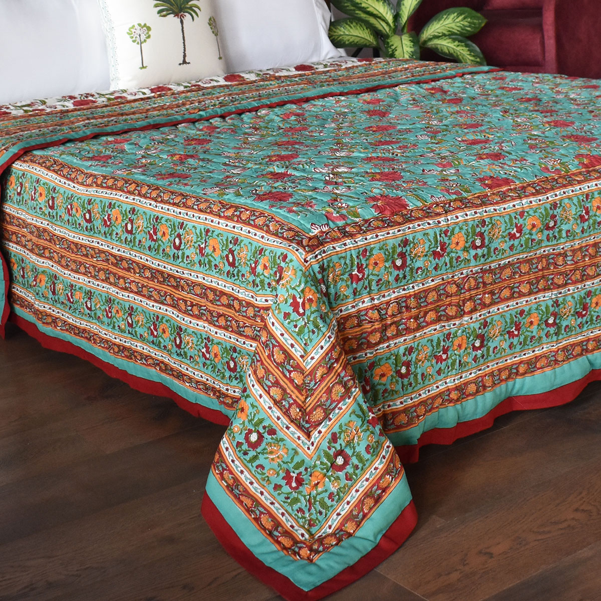 Hand Block Printed Cotton King Size Quilt Flower Blossom Jade 206139