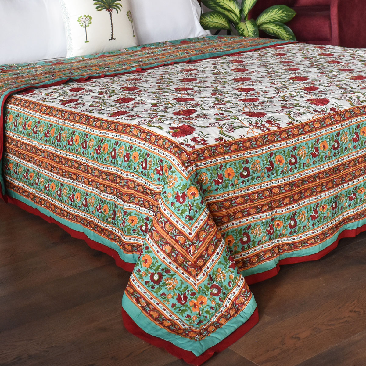 Hand Block Printed Cotton King Size Quilt Flower Blossom Jade 206139