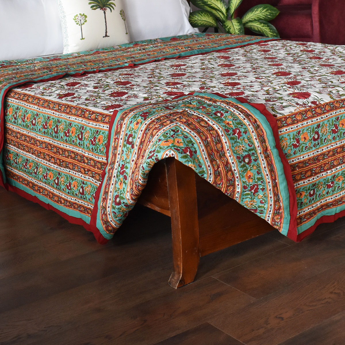 Hand Block Printed Cotton King Size Quilt  Flower Blossom Jade 206139