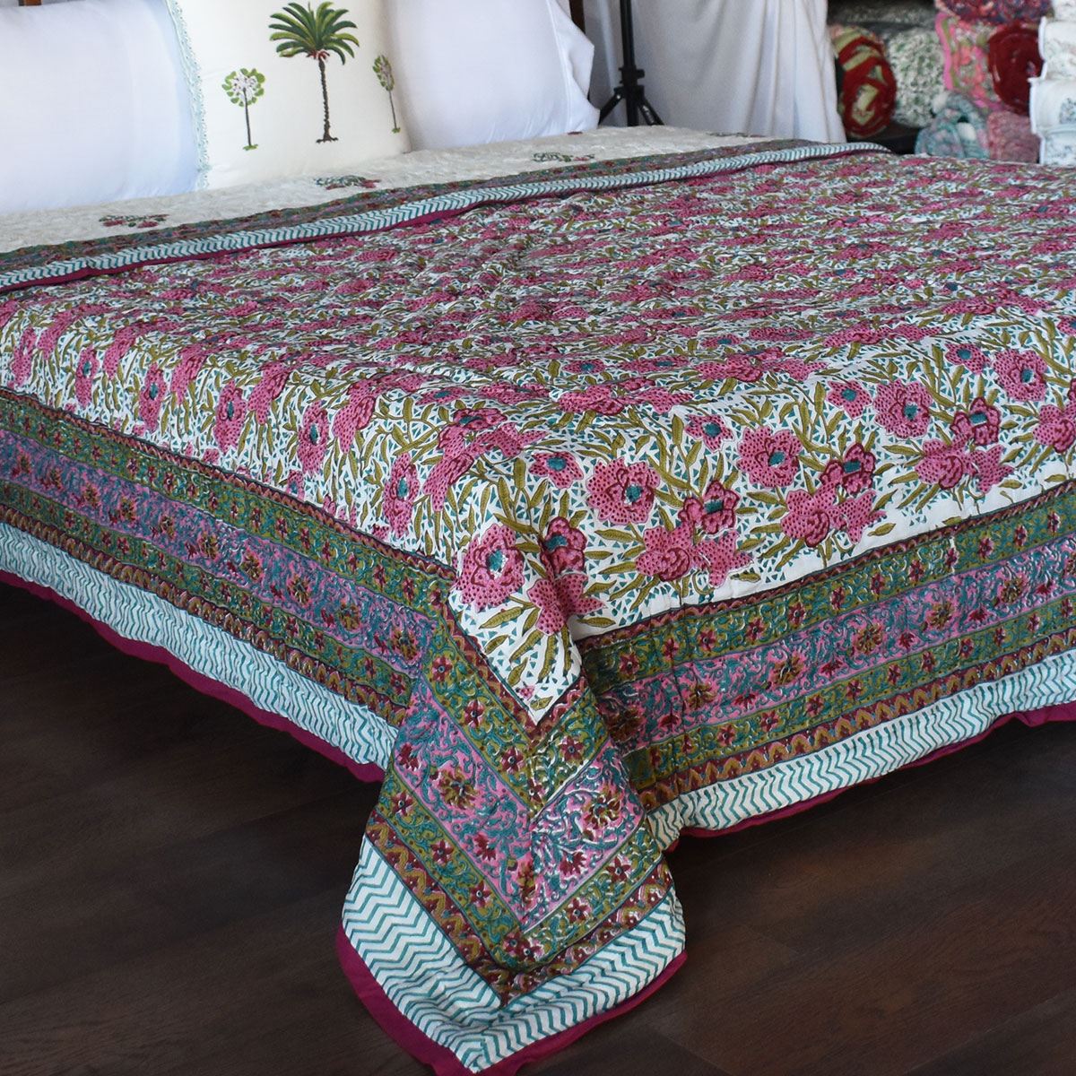 Hand Block Printed Cotton Queen Size Quilt Flower Candy 103451