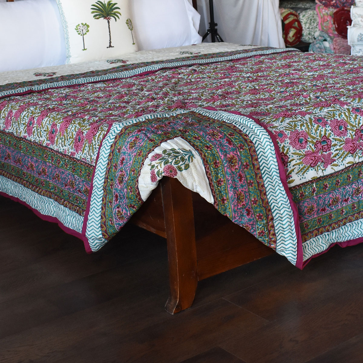Hand Block Printed Cotton Queen Size Quilt Flower Candy 103451