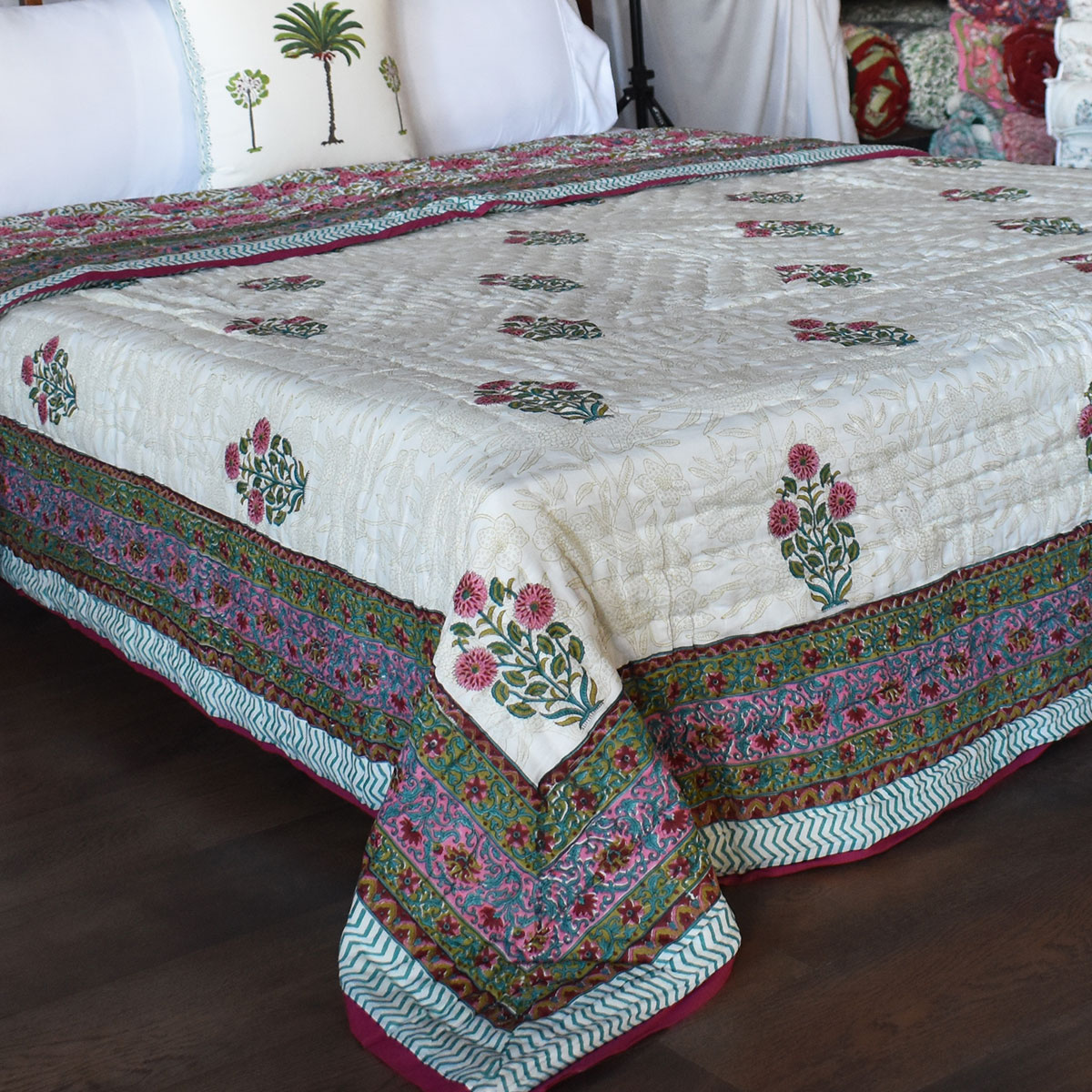 Hand Block Printed Cotton Queen Size Quilt Flower Candy 103451