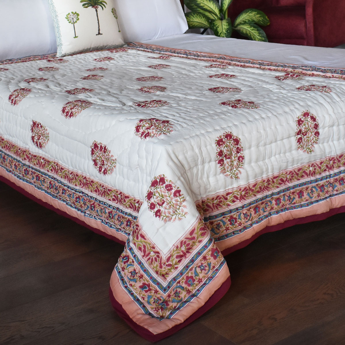 Handmade Block Printed Cotton Twin Size Quilt Genda Bale 105180